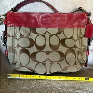 Coach Red Leather and Brown Canvas Shoulder Bag